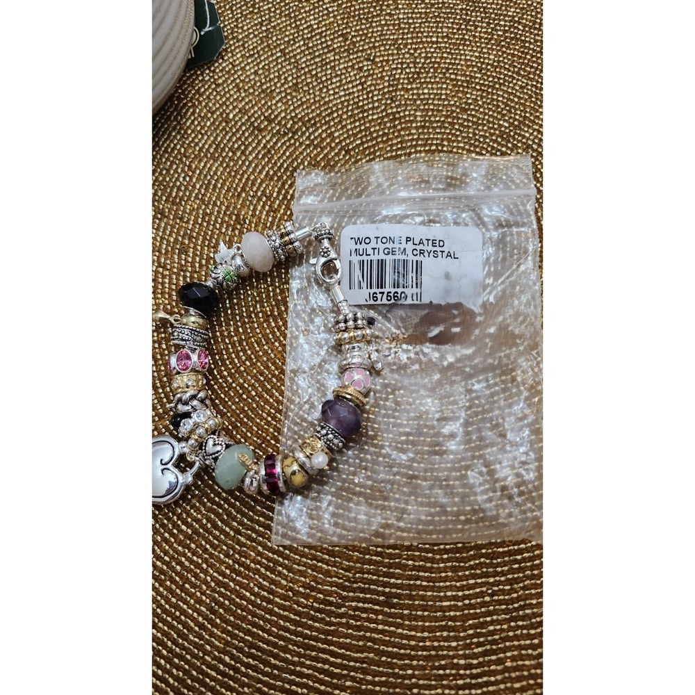 Charm Bracelet Two Tone Multi Gem Crystal Engraved Heart Quartz Amethyst NEW‎